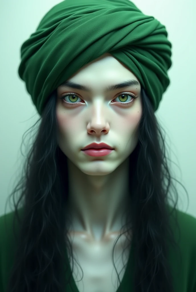 A young man born with a green turban, wide green eyes, a white face, long black hair up to his neck, white skin and handsome