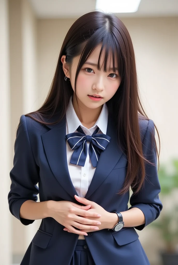 Japanese 18 year old high school girl、Navy blue blazer uniform、Brown plaid mini skirt、Upper body close-up