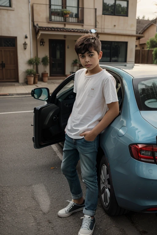 A boy which is sit in car door