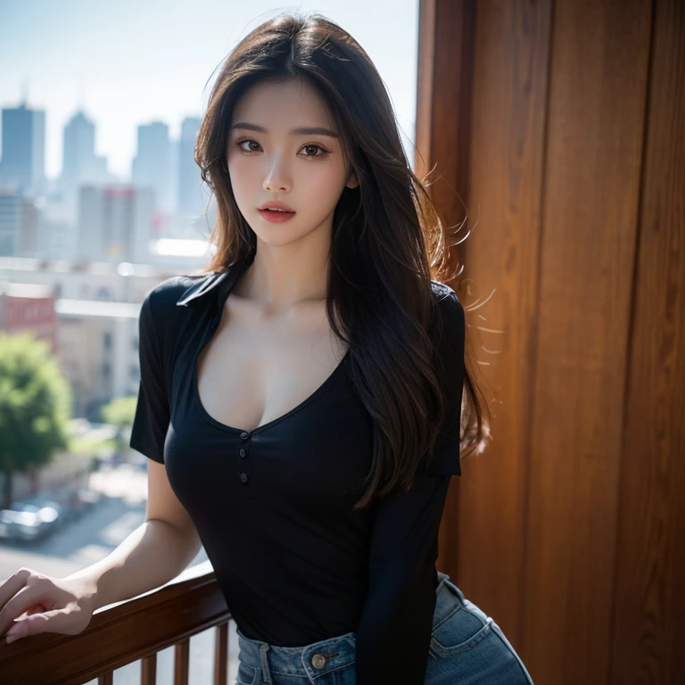((Winter, Best quality, 8k, Masterpiece :1.3)), Whole body, Long legs, Sharp focus :1.2, A pretty woman with perfect figure :1.4, Slender abs, slender thigh :1.1, ((Dark brown hair, Big breasts :1.2)), (down blouse, Jean long, sitting :1.2), ((sunset, balcony :1.3)), Highly detailed face and skin texture, Detailed eyes, Double eyelid, smile, cleavage