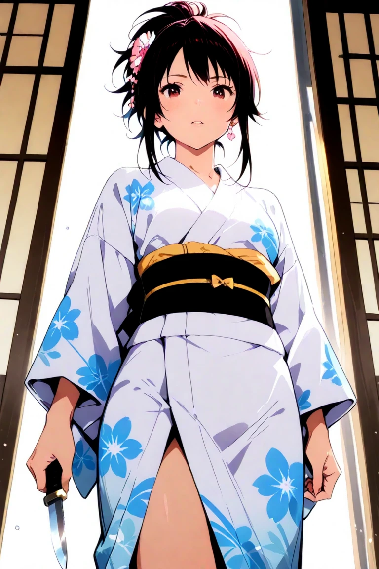 gorgeous lips, cinematic, (masterpiece), (best quality), (ultra-detailed), very aesthetic, perfect composition, intricate details, absurdres, detailed face, (anime, masterpiece, intricate:1.3), (best quality, hires textures, high detail:1.2), zashiki-warashi, jet black bob haircut, kimono, expressionless, childhood,  (thigh), (bed, sitting), nipple, angry, wet, shiny skin, wash pussy, (adult)