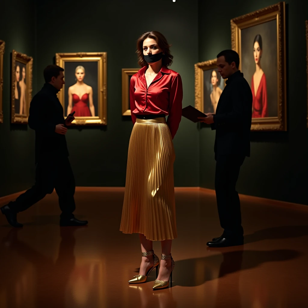 female supermodel in a red evening dress stands beside an oil painting in an art studio