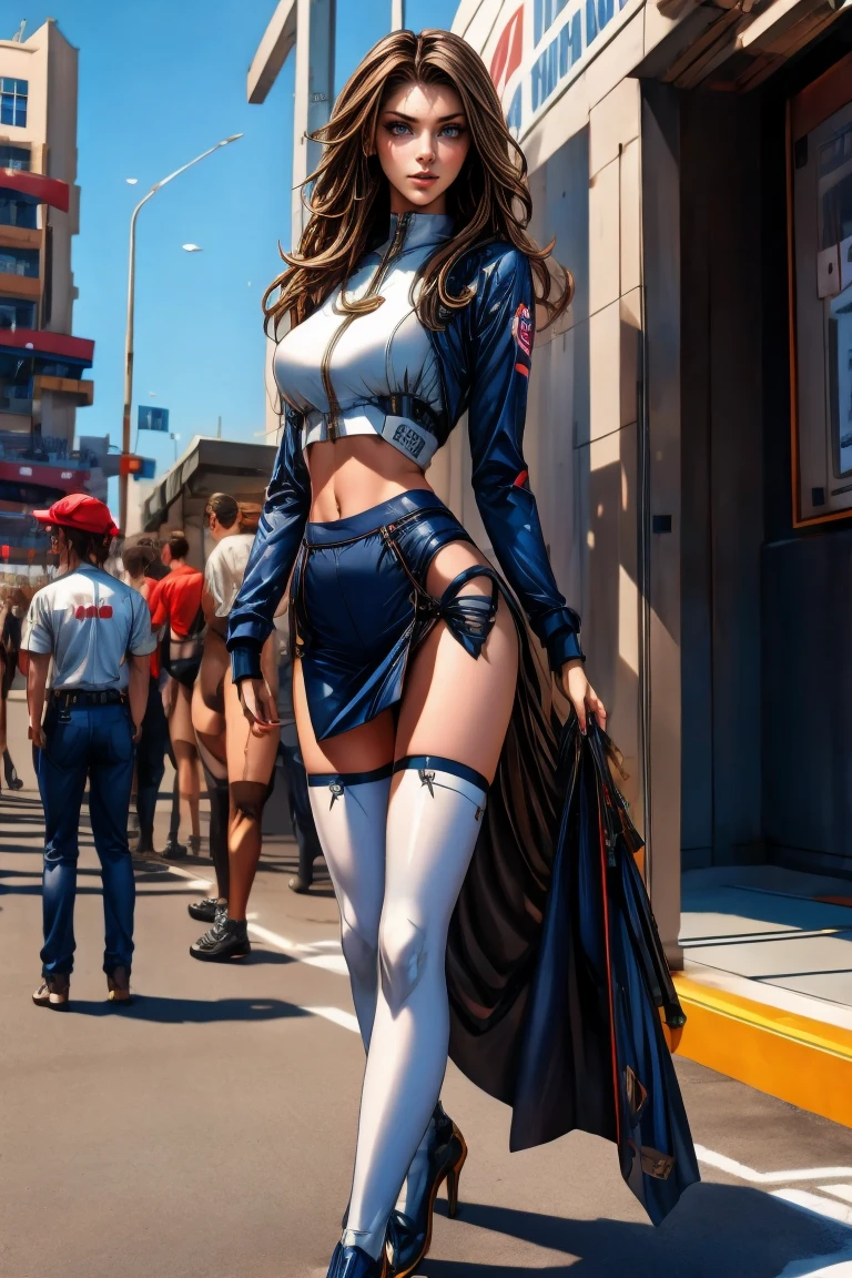 Mulher , coxa grande ,olho azul , cabelo loiro , de costa , roupas muito curtas definimdo as prates intimas.