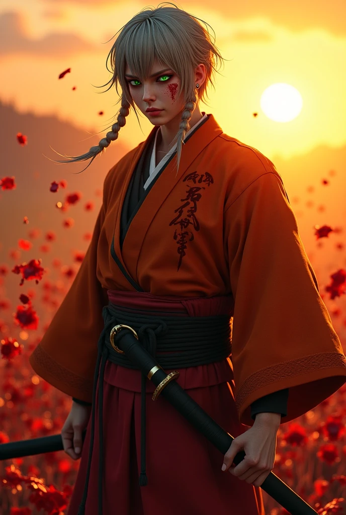 Kenshin Himura（Sword Sai）、Portraiture、Highly detailed eyes and face、samurai、Sharp look、Flowing red hair、A look of determination、Traditional Japanese Clothing、Dynamic pose、Soft Ambient Lighting、Bright colors、Bamboo forest background、X mark on face、X mark on left cheek、The x mark on the face is dark、The x mark on the face is large、Shooting with a wide-angle lens、Close-up
