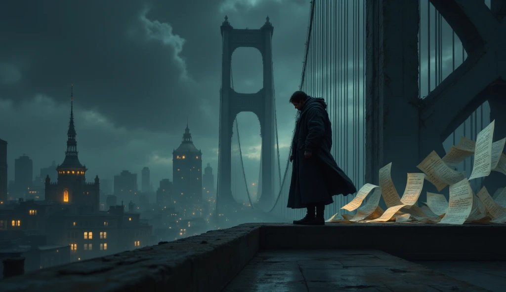 Visual Explanation:
A man standing alone at the side of a tall metal bridge and looking down at the bridge with ten. It's night. He stands facing the city, the lights dim and dark behind him, and the bright but cold lights of the city in front of. hands in his pockets, his head slightly down, as if he were contemplating an important decision or a bitter past..
At the side of the picture, with a faded front, images of his past are seen: Poor people, starving ren, expectant mother, fired worker... All are somehow victims of that man's decisions.
the wind blows gently and The paper on which there is vague writing swirls in the air.
Illumination and Induced Sense:
Cold blue-gray light from the bridge lights, with long and heavy shadows.
the face of the half-lit man, with emphasis on the eyes sewn down.
Distant Lights of the Faded and Senseless City.
Effect "motion blur" over the surrounding memories, until Show the border of illusion and memory.
color palette:
dark blue, cold gray, pale light yellow, slightly faded red In the corners (Pain Symptom and Conscience Alert)
Sense and Induction:
Deep thinking, torment of conscience, heavy silence before awakening or decision.
The sense that a man must finally pause and think that instead of the scars he has struck,.
Moral and Social Flick, Without Direct Judgment.
