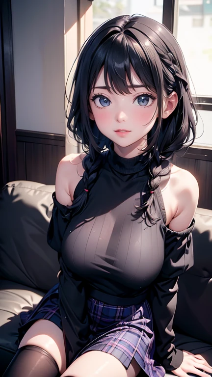 masterpiece, high resolution, beautiful woman, Korean Beauty, 30 years old, black sleeve less turtle neck, mini pencil skirt, beautiful woman, night hotel, looking at me, (high resolution face), (high resolution eyes), (high quality eyes), black hair, purple eyes, little curvy