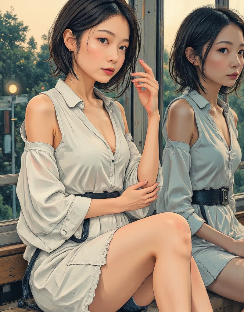 Light-clothed supermodel, A masterpiece of accurate and surreal illustrations emanating from the top of the showcase, (greatest masterpiece, High Quality, 最High Quality, 8k, fine line drawing  , Exquisite , absurd), (Anatomically Perfect Proportions:1.85), (Anatomically Perfect and Accurate Fingers, five fingers), (Little Sana Head, Xiaoyang:1.85),  female 1 person, A very attractive woman is taking a selfie in front of the showcase, surreal upper body illustration, Her light brown hair is swaying. ,  medium hair, Anatomically Correct Limbs:1.6, Her figure is striking. , Her captivating eyes are clear. , and perfect makeup highlights her natural beauty, She adds a charming touch. , Her hands are placed on her face, She highlights her sensual charm. , Her gaze is full of sensual intensity, She looks confident and charming. , Soft dramatic lighting, ショーケースの上部から放たれる, They subtly accentuate her facial features. , center of the image, The background is in shadow. , It creates a contrast that emphasizes her attractive presence. , and the mirror reflects the intimacy of the scene、reflects enough detail to enhance realism,  Breathtaking , An unforgettable shot of an evening on the beach. , 