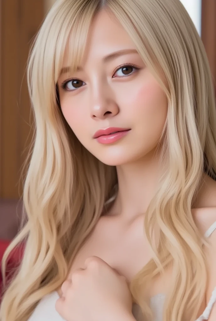 has white skin。I'm blonde。Her hair has loose waves。I'm Japan。I have false eyelashes。eyes are big。His smile with dimples is distinctive.。