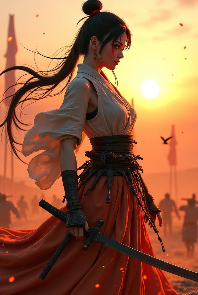 🎨 ESTILO & QUALIDADE:**  
`" Ultra-realism 8K `, `dark anime style (Bloodborne + Vagabond)`, `hyperdetailed`, `dramatic lighting (sunset light)`, `cores ricas (laranja, vermelho, preto)"`  

**👤 PERSONAGEM:**  
- ** Aparência:** `"samurai woman, 25 anos`, `pele clara`, `toned body (Maki de Fire Force)`, `angelic face with Cruel expression"`  
- **Olhos:** `"moss greens`, `redondos`, `brilhantes (Fire reflection)", `long lashes`  
- **Boca:** `"red lips`, `diabolic smile`, `blood splashed on the chin"`  
- **Cabelo:** `"long to the waist`, `gray with dark blue streaks`, `chinese braids undone by the wind"`  
- **Roupas:** `"torn and bloody orange skirt`, `bands of linen on the chest (bloodstained)`, `broken wooden slippers"`  
- **Armas:** `"2 katanas around the waist`, `curved black blade on the left hand (dripping blood )`, `the severed head of a blonde holding her hair (Right hand)"`  
- **Detalhes:** `"Bloody hands `, `minor injuries on the arms`, `dust and mud on the legs"`  

**🌄 Scenario:**  
- **Ambiente:** `"Edo period war field`, `fallen bodies (samurais and peasants)`, `weapons broken on the ground`, `Torn flags"`  
- **Efeitos:** `"dense dust raising (battle movement)`, `fire smoke in the background`, `crows flying in circles"`  
- **Clima:** `"autumn sunset (shades orange and purple)`, `low mist (blending with dust)"`  

**📸 Framework & angle:**  
`"full body photo suit dress`, `low angle (to highlight power)`, `blurred background (focus on the character)"`  

**➕ Final touches:**  
`"Estilo: dark fantasy`, `Realistic Blood (breathing and oozing)`, `detailed textures (tecidos, metal, pele)"`  