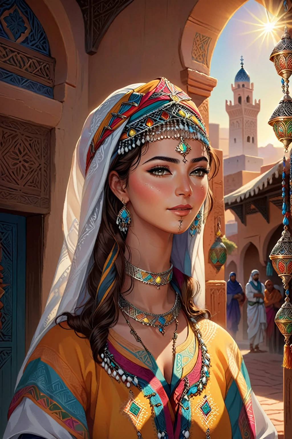 (best quality,realistic illustration of the),bright colors,  detailed facial features ,  intricate hair , Traditional costume,  confident posture , Moroccan traditional jewelry, The sunlight illuminates the scene, A vibrant and active composition
