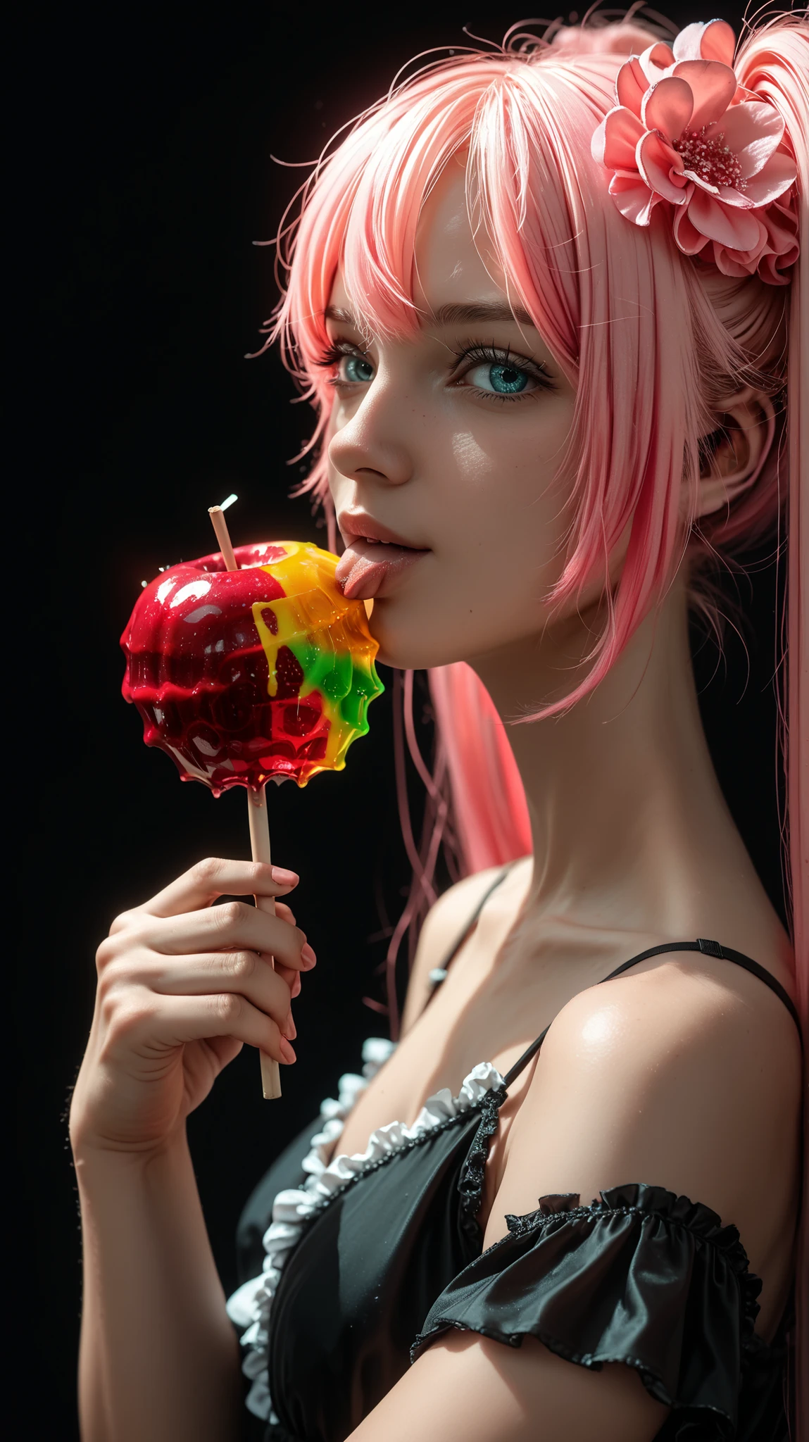 masterpiece, best quality, very aesthetic, hatsune miku, pink hair scrunchie, (licking:0.8), black nightgown, frills, short sleeves, holding candy apple, glowing candy apple, black background, colorful, glowing hair, looking at viewer, portrait, from side