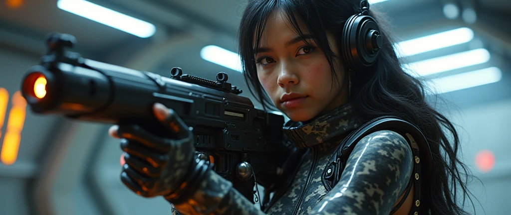 ultra-réalistique. photoréalisme. ultra  photoréaliste. Une fille de vingt ans type caucasienne peau claire aux cheveux longs noirs ondulés portant un cyber micro-?????? futuriste en  plastique couleur camouflage gris foncé et noir brillant avec une grosse cyber armure brillante et des avec une ceinture , un holster et un blaster attaché à la ceinture avec des balles, avec un cyber diadème et  avec de grosses et larges épaulettes . elle pilote un vaisseau spatial noir sombre  avec des lumières jaunes dorées , elle est ???? avec une très grosse poitrine visible bonnet D. ultra-réalistique