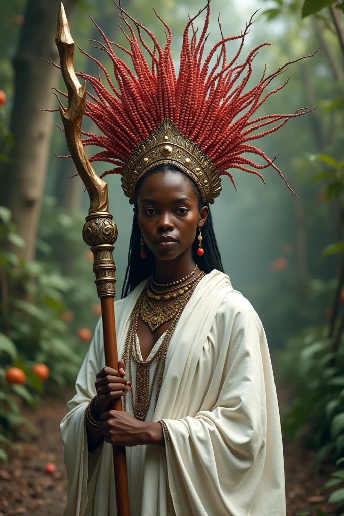 African orixa. Rei., negro, forte.  She wears white cloth. She wears a very pompous wooden staff. She wears a crown adorned with mouseberries. This crown has strings of moustles that cover her face.  