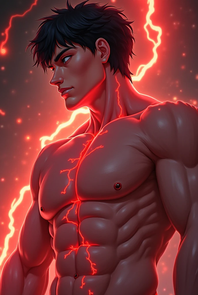 8k, complex, elegant, highly detailed, majestic, digital photography, surrealist painting, beating magic, winding flame, (masterpiece, side light, fine beautiful eyes: 1.2), HDR, (glowing red eyes)), naked upper body, (glowing tattoo), handsome boy, black hair, muscles, black skin, demon horn, raining, handsome, facing the camera, masterpiece