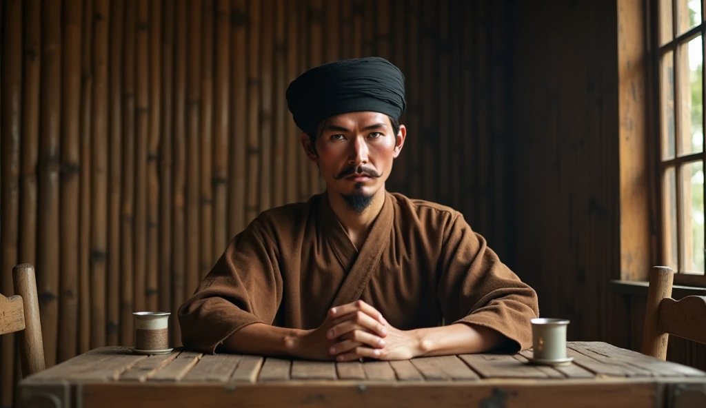 Hoàng Hoa Thám is sitting in a room made of bamboo wood, at a wooden table and chairs, resting his hands on the table as if in a negotiation, with a candle on the table. He is a farmer-warrior dressed in a traditional brown tunic (áo dài nâu) from the late 19th century, with cross-tied front and wide sleeves, wearing a black turban. The scene feels historical and rustic, evoking the atmosphere of rural northern Vietnam during the resistance period