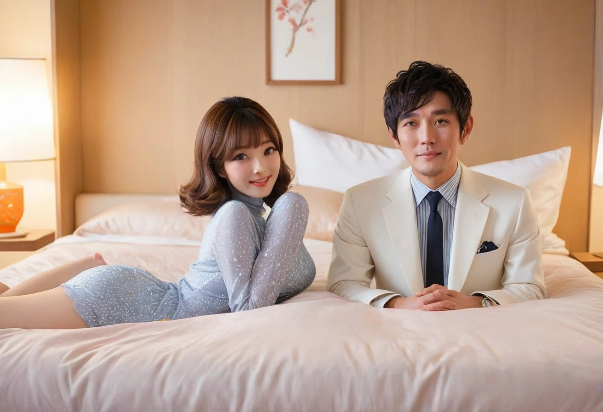 60s female、round face、cute、Japanese man and woman on bed、