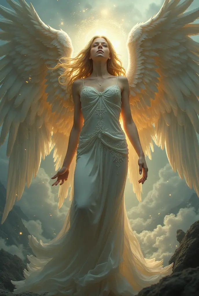 Please create an image of a mysterious and enigmatic angel. This angel should be bathed in an ethereal, radiant light that exudes an aura of celestial mystery and wonder. The angel's pose, setting, and appearance can all contribute to the sense of mystique. Push the boundaries of color, luminosity, and intricate detailing to craft an image that captivates the viewer's imagination and conveys the angel as a divine enigma. Your artistic skills are crucial in bringing this enigmatic angelic vision to life