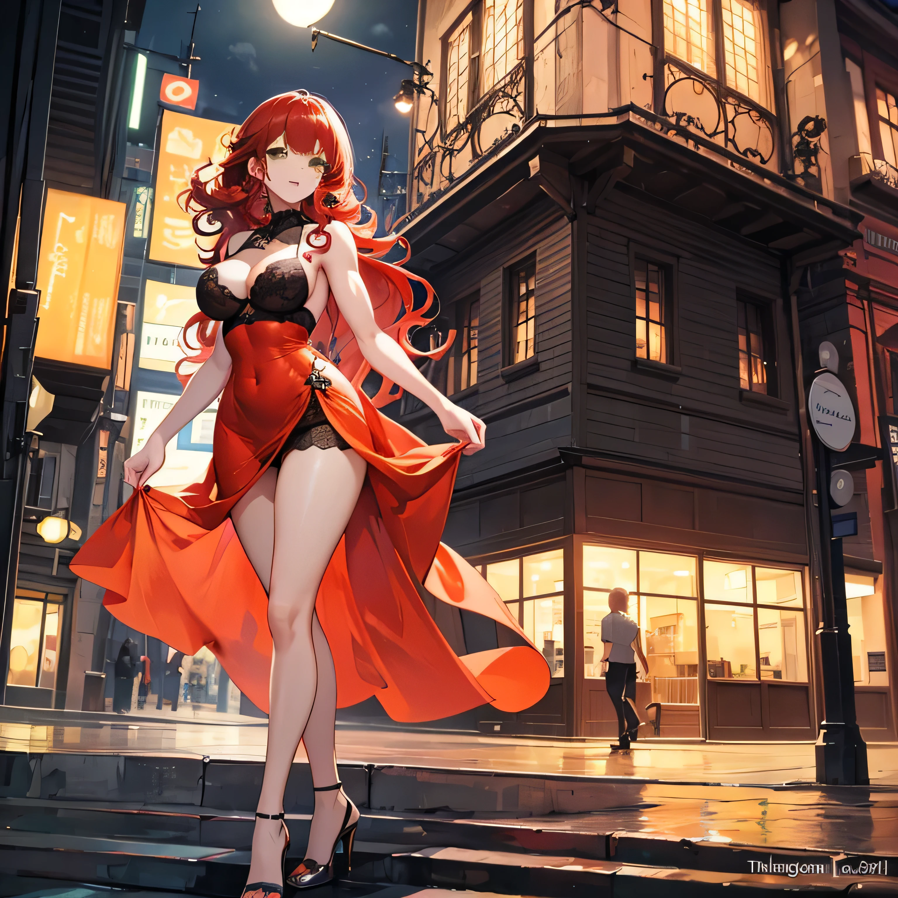 orange dress, green eyes, tight clothes, voluptuous girl, beautiful face, nice legs with high heels, night atmosphere, red hair, black lingerie stockings, long wavy curly hair, walking girl, mature girl, girl with abs and muscular legs.
