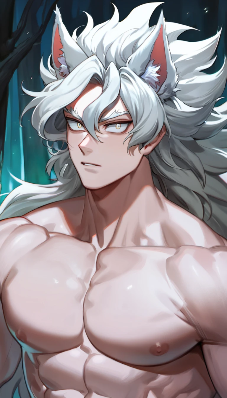 High quality, best quality, high resolution, male, muscular, 2d anime style, topless, like geralt of rivia