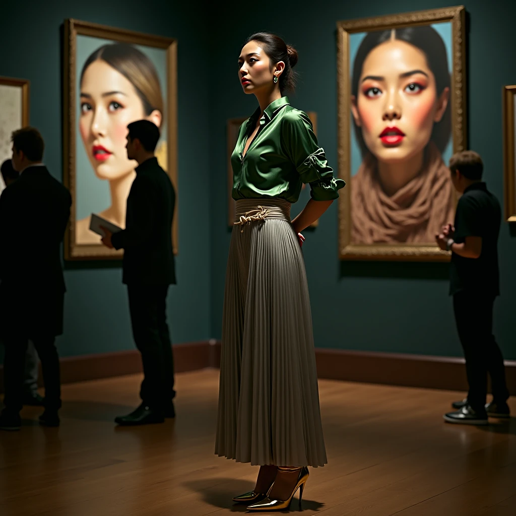 
"An art gallery a beautiful asian woman standig on floor . 
a pole with her arms tied behind her back.
She is wearing a shiny green satin blouse, a shiny sliver pleated maxi skirt and gold high heels.tied up with rope together are two lags. side view
and a black tape covering over the mouth  .
tied behind her back with rope. Her eyes are focused intently
to the side. Around her, there are several paintings
hung on the walls, with one prominent painting
depicting the woman's face. In the background, two
individuals dressed in dark clothing are seen, one of
whom is holding a book or folder. The ambiance of
the room is dimly lit, adding to the mysterious and
tense atmosphere of the scene.side view