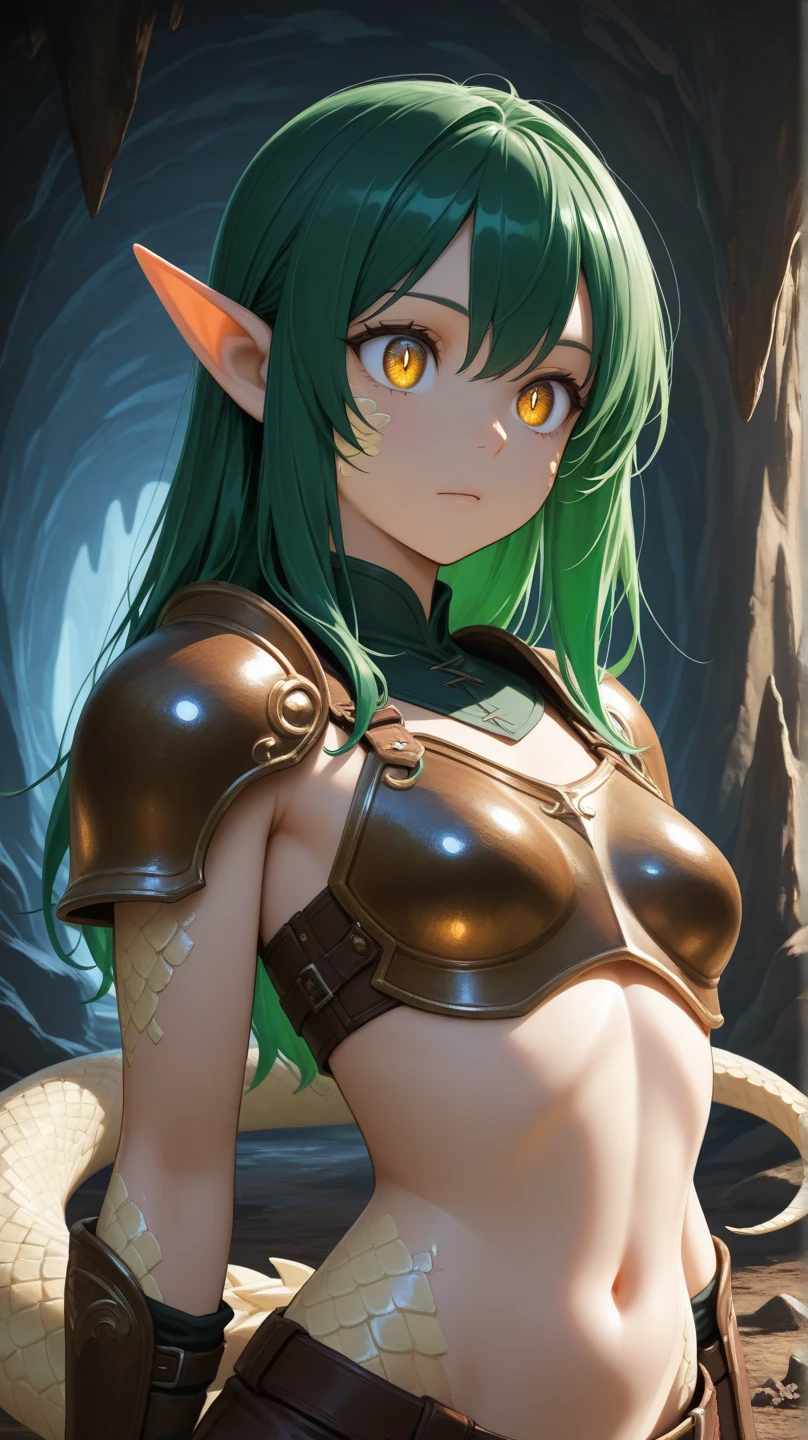 masterpiece, best quality, ultra-detailed, 1 girl, goblin girl, female goblin, goblin, 1girl, green skin, long pointy ears, green hair, long hair, black eyes, bangs, medium breasts, smile, belts armor, curvy, warrior