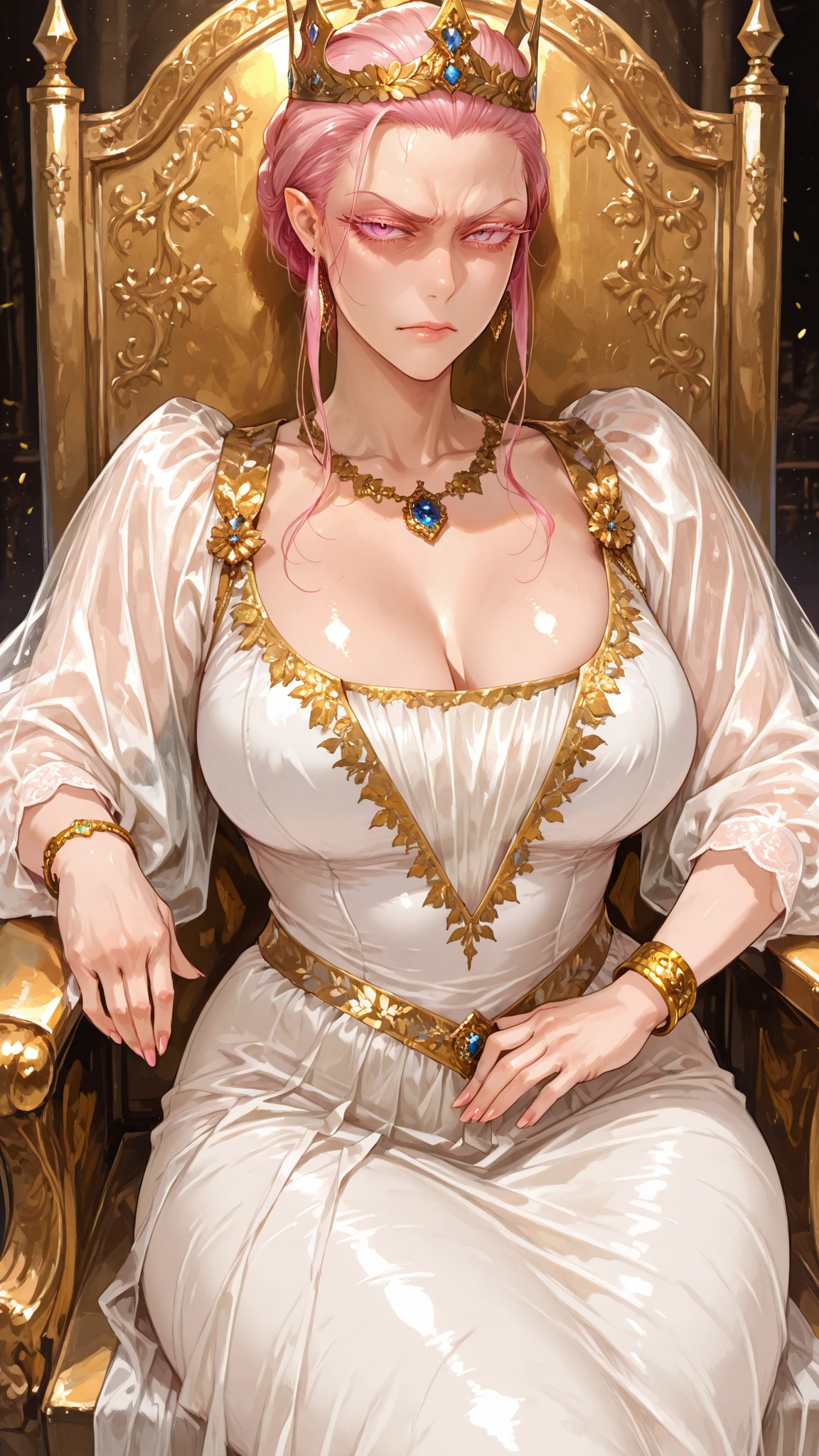 1 woman, Mary Queen of Scots, regal, majestic, historical, elegant, detailed face, stunning costume, pearl necklace, golden crown, regal attire, delicate lace collar, vibrant colors, royal background, soft lighting, exquisite features, powerful gaze, eyes finely detailed, extremely detailed eyes, cleavage, big breast, open mouth, (blushing:1.5),(half-body:0.5)
