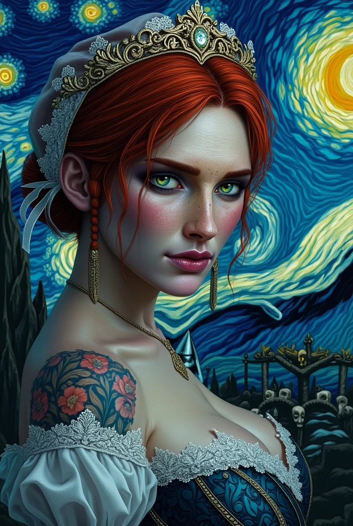 Van Gogh's Hawk witch,  (masterpiece), best quality, expressive eyes, perfect face, full body tattoos, cabahlah,  Audrey Rose, starry night 

a ghost gothic girl, white veil, corset, white lace skirt, dark circles, curly hair, cemetery  background, wolf, gothic eye shadow, wowdk, glowing blue eyes, skull armor, snow, 