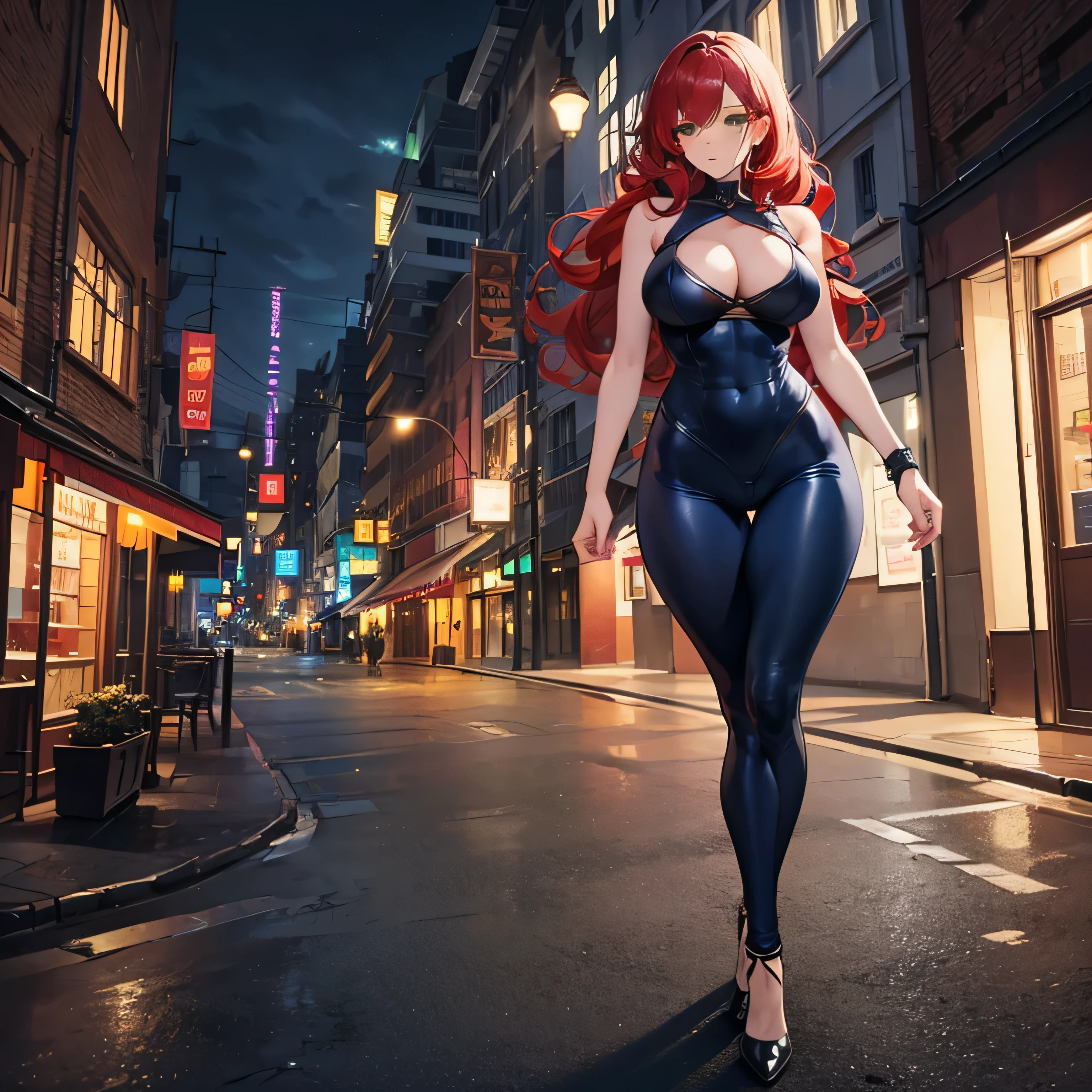 lingerie as a blue prostitute, green eyes, tight clothes, voluptuous girl, beautiful face, nice legs with high heels, night atmosphere, red hair, long wavy curly hair, walking girl, mature girl, girl with abs and muscular legs.
