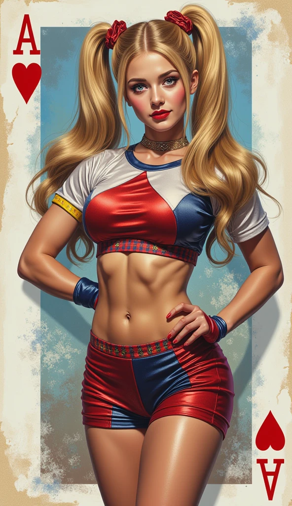 Margot Robbie, Harley Quinn, face paint red and blue, beautiful face, young girl face, bluish grey eyes, slim teens athletic body, small breasts A cup, toned thighs, cameltoe, big round ass, Harley Quinn outfit, head to toe, circus show in background, cartoon art style; huge grin on her face, bending over , back view