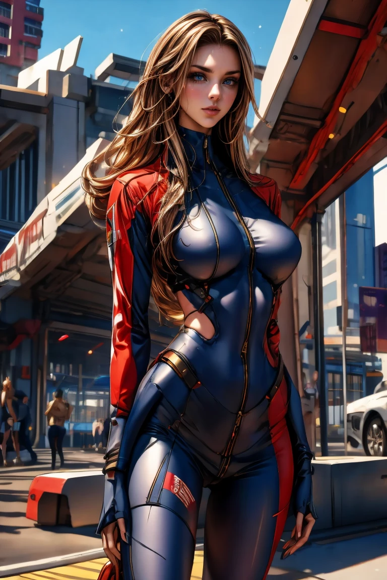 A full-body, ultra-detailed semi-realistic digital painting of a mature Croatian woman in her early 40s, with a tall, toned, elegant figure that radiates confidence and modern allure. Her proportions follow a 10-heads-tall fashion model silhouette, with a modestly full bust, narrow waist, long legs, and athletic posture. She stands with composed poise, one hip tilted, exuding refined strength. Her skin is light beige with a golden undertone. Her facial features are intensely sharp—high cheekbones, a long narrow nose, and a defined, angular V-shaped jawline. Her eyes are distinctly elongated and narrow, stretching toward the temples in a sharp, slanted shape. The outer corners sweep upward slightly, giving her a sleek, fox-like gaze. Her brows are bold and well-arched, amplifying her cold, confident expression. Her lips are medium-thin with a pointed Cupid’s bow, colored in matte mauve. Her makeup is sculpted and refined: smoky taupe shadow pulled outward into a sharp wing, slight under-eye shadow to enhance length, and precise contouring along the jaw and cheekbones.

She wears a modern race queen outfit: a navy blue zip-up crop top with matte silver paneling and angular seams, cut close to her body. The ultra-short asymmetrical skirt features clean navy-silver contrast and integrated sponsor tags. Navy thigh-high boots with silver zippers and fingerless gloves finish the athletic yet elegant ensemble. Her chestnut brown hair is long, center-parted, and straight, flowing cleanly to her waist without bangs or accessories.

She stands at a sunlit race venue, with blurred urban details and cool directional shadows that emphasize the refined structure of her face and elongated eye shape. Masterpiece, best quality, semi-realistic, 8K resolution, cinematic lighting, hyperrealistic portrait, finely detailed.