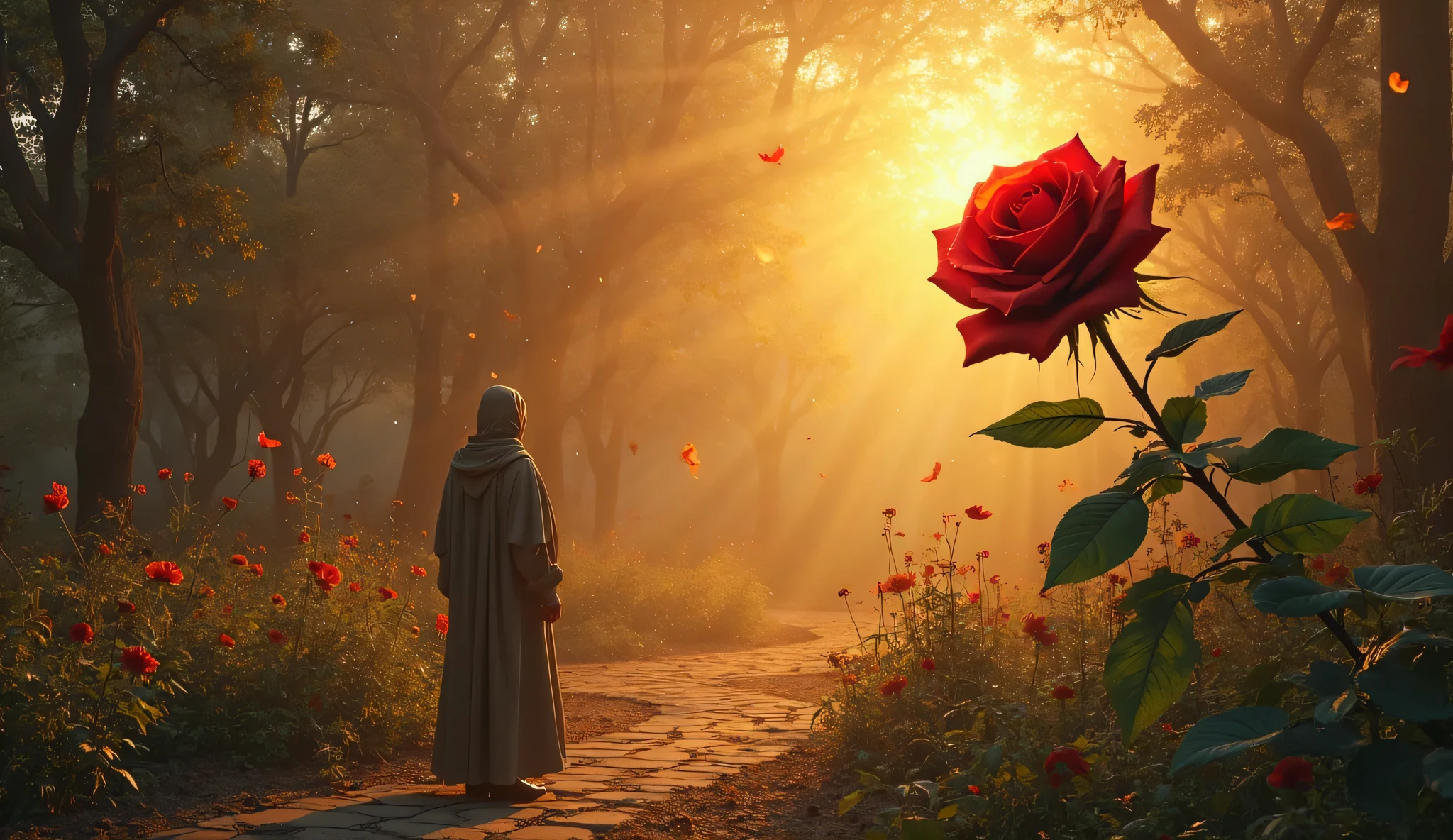In a medieval garden, a red rose blooms slowly at dawn, glowing with a soft golden light. Sacred symbols float around the rose, guiding the observer toward hidden knowledge. A lone figure approaches the flower with reverence, and the scene is filled with an aura of divine mystery and ancient wisdom.