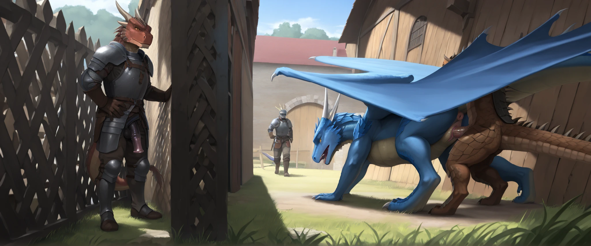 score_9, score_8_up, score_7_up, score_6_up, masterpiece, high quality, realistic, detailed, best quality, ((duo:1.3)), ((FULL view, full body, far view))rating_explicit, source_furry, medieval place, old barn, wood wall, fence, open area, grass, back alley, being watched., side view, , negative_hand, full body, sex, ((male penetrating female)), ((penetration from behind)), penetration, ((anthro penetrating feral)), standing, gangbang,BREAK draco_dh, dragon, brown scales, wings, horns, claws, tail, male, 1boy, anthro, yellow sclera, equine penis, anus, nude, BREAK, Saphira_eragon, dragon, saddle on, blue scales, feathered wings, horns, tail, blue eyes, feral, female, 1girl, pussy, against wall, ((body armor)), blowjob,