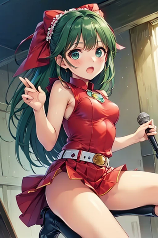 (masterpiece:1.2), (best quality:1.2), (extremely detailed:1.2), (ultra detailed), (photorealistic:1.2), 1girl, cowboy shot, medium breasts, 
<lora:skirt_tug_v0.1:1>, skirt tug, showing cleavage, (red idol uniform:1.2), (red skirt:1.2), (white stockings:1.2), smile, blush, green hair, green cat ears, green cat tail,
on the stage, concert, singing,