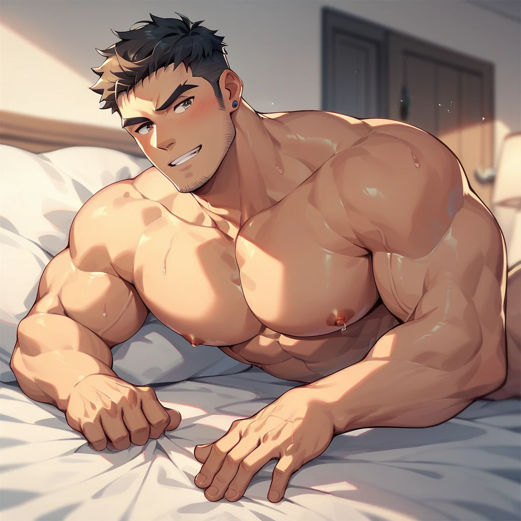 boy, muscular body, big body, brown hair, spiky hair, long bangs, red eyes, demon thorn, elf ear, demon, little blush, , sleep in bed, smirk