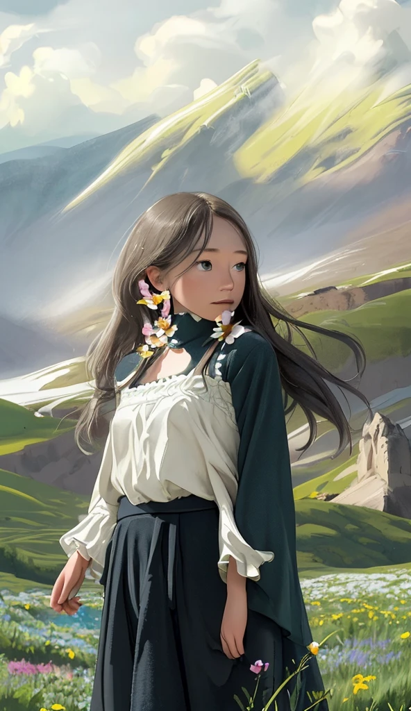 highdefinition images, flower fields, Swiss Highlands, Best Picture, plateau, fresh breeze, magical beings, hidden prairie, detailed landscape, rolling hills, vibrant wildflowers, lush greenery, snow-capped mountains, cloudy sky, natural lighting, serene atmosphere, fantasy elements, mythical creatures, photorealistic, 8K, HDR, physically-based rendering, vivid colors, cinematic, dramatic lighting