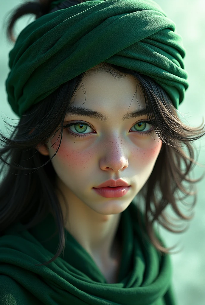 A 22-year-old young man with a green turban, wide green eyes, a beautiful white face, a handsome angel-like white face and long black hair