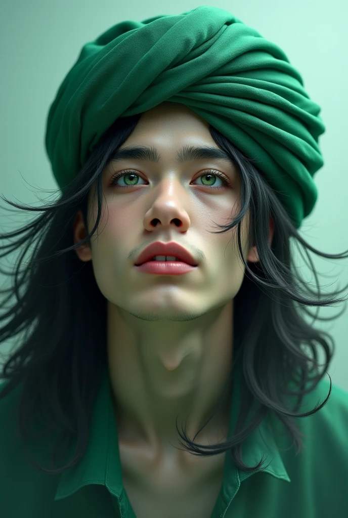 A 22-year-old man with a green turban, wide green eyes, a beautiful white face, a handsome angel-like white face and long black hair