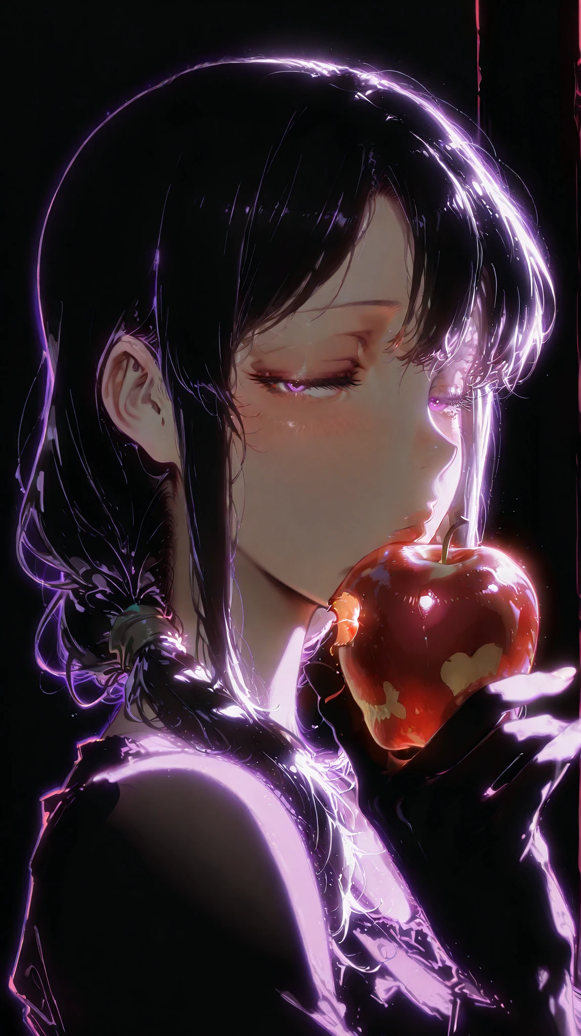 1girl, solo, mature female, looking at viewer, half-closed eyes, purple eyes, blush, monochrome, silhouette, glowing outline, blending, portrait, three-quarter view, holding, red apple, kissing apple, low side ponytail, hair over shoulder, purple outline, black background, upper body, masterpiece, best quality, very aesthetic