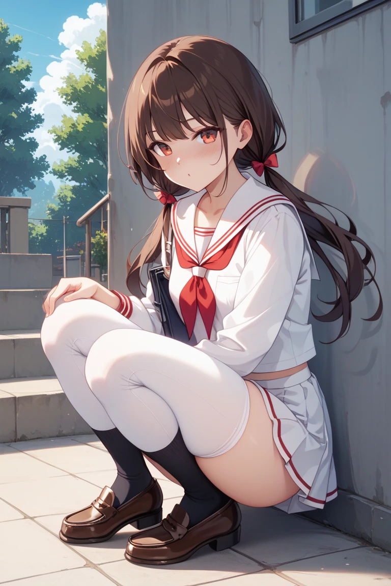 (((masterpiece, highest quality:1.5))),cowboy shot,20 year old beauty,solo,((very small head)),dark brown hair,ponytail hairstyle,bangs,brown eyes,shy,smile,medium breasts,(very long body),slender body,skinny,gleaming skin,oily skin,sweat,White sailor suit、Short sleeve、Red neckerchief、Pleated red mini skirt、white_thighhighs、Academy、