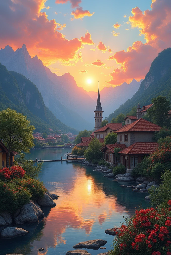 a small village by the river, mountains in the background, floral flowers colorful, detailed landscape, Beautiful natural landscapes, atmospheric lighting, scorching sunset, warm colours, practical, photopractical, Detailed Foliage, complex buildings, cobblestone street, Charming country house, swirly vibrant colors, lush vegetation, Still water reflections, Picturesque, idyllic, work of art, best qualityer, 8k, extremely detaild,anime styling