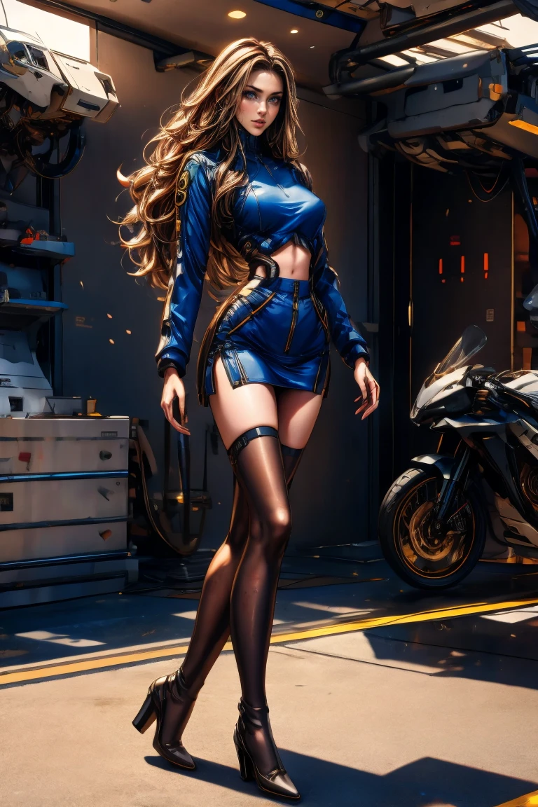 A full-body, ultra-detailed semi-realistic digital painting of a mature Croatian woman in her early 40s, with a tall, toned, elegant figure that exudes modern European sophistication. Her proportions follow a 10-heads-tall fashion model silhouette, with a modestly full bust, narrow waist, and long, shapely legs. Her posture is upright and relaxed, one hip subtly tilted, conveying silent confidence. Her skin is soft ivory with a beige undertone and natural glow. Her facial features are distinctly European—angular cheekbones, a long narrow aquiline nose, and a sharply contoured V-shaped jawline that gives her face refined definition. Her eyes are elongated, narrow, and slightly slanted at the outer corners, creating a poised, fox-like gaze. They are deeply set beneath delicately arched brows, reinforcing her sharp expression. Her lips are medium-thin with a crisp Cupid’s bow, colored in matte mauve. Her makeup is cool and sculptural: metallic taupe shadow extended into a clean wing, light smoky shadow below the eyes, and subtle highlights that enhance the bone structure. She wears a modern race queen outfit: a navy zip-up crop top with structured silver accents, sleek and minimal in design. The ultra-short skirt matches in navy and silver with diagonal contrast and integrated sponsor logos. Navy thigh-high boots with side zippers and fingerless gloves complete her precise, aerodynamic look. Her chestnut brown hair is straight, polished, and waist-length, parted at the center and falling cleanly behind her shoulders without bangs or accessories. She stands at a contemporary European-style racetrack with sleek architecture and cool natural lighting, her elegant form sharply defined against a soft urban backdrop. Masterpiece, best quality, semi-realistic, 8K resolution, cinematic lighting, hyperrealistic portrait, finely detailed.