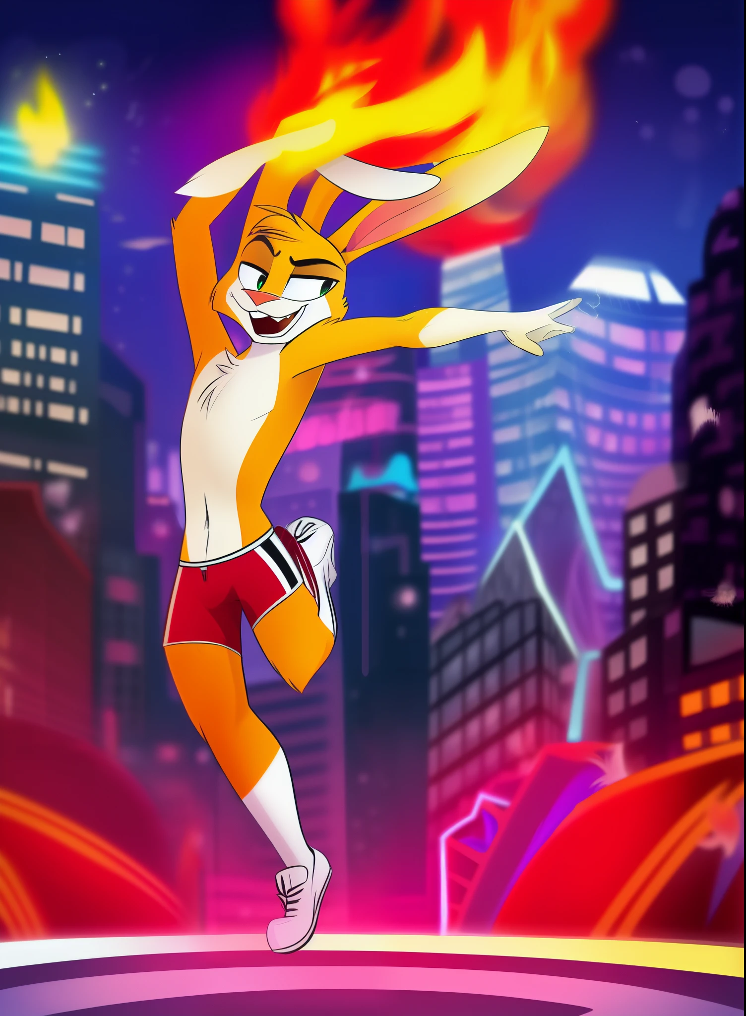 A dynamic illustration in the style of Vivziepop cartoons depicts "FireBolt", a humanoid rabbit hero in action. FireBolt is a lean, athletic figure with bright orange fur, white markings on his chest and face, and tall, expressive rabbit ears, sporting a confident smirk and a short, spiky tuft of orange hair. He is shirtless with sporty red shorts and futuristic white and red sneakers, accented by a white armband and subtle tech bands on his wrists and ankles, poised mid-sprint against a blurred backdrop of a futuristic cityscape bathed in neon light. The energetic pose and vibrant colors convey FireBolt's heroic and cheeky personality, suggesting speed and agility, with subtle motion lines enhancing the sense of movement, by vivzmind, (best quality, masterpiece:1), detailed,