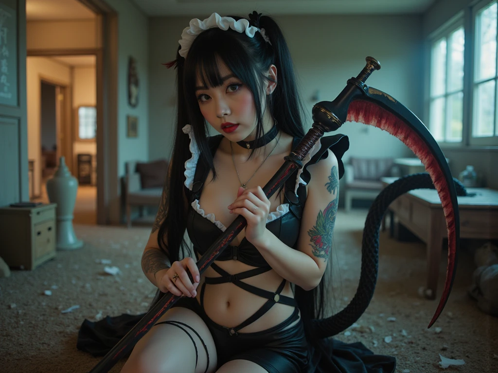 (msterpiece:1.3), (8k, RAW photo, best quality: 1.4), beautiful face, beautiful hairstyle, beautiful detailed eyes, beautiful skin, absurdres, attractive, ultra high res, highly detailed,NSFW, 1 girl in abandoned underground room, big breast,facial close up,necklace,arms behind back,evil smile,show vagina,bdsm,knife,vaginal object insertion,light long hair, ultra detailed skin,Heavy makeup, flower hairpin, naked,colorful patterned JK, dirty ground,lying on a rock,exposed pussy,stockings,Extreme vaginal dilation,bondage,dirty rock,sexy Tattoo on uterus,