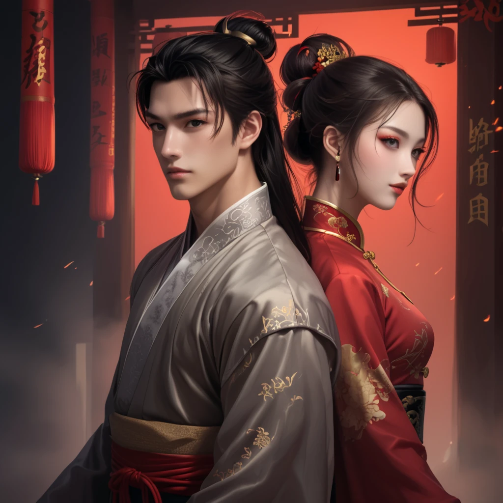 Transformed into a handsome young man and a woman with bright red hair, black eyes, and wearing a Chinese dress.