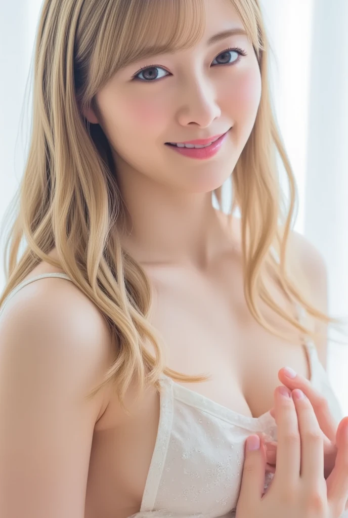 a full portrait of a beautiful bionde幾乎半裸 in black tank top,, In the profile, Smile, on she's bedroom,holding a colorful mug. Her hair is brown and curly., Pale green eyes, She has some wrinkles on her face, Large bust, plump, Large Breasts, bionde, Beautiful Body, with a Large Breasts, 一位美丽的bionde, SFW Big , bionde-haired British female breasts, bionde goddess, Full breasts, , Her breasts, 40-year-old female, bionde, cleveage, Big breasts, Large Breasts!, straight blonde hair, About 3 to 5 years old,, Lightly sprinkled on her cheeks and nose bridge, Adding a cute and unique charm to her face. soft, Elegant wrinkles surround her eyes and mouth, Gentle lines tell stories of a life full of laughter, wisdom, And experienced. These subtle signs of aging enhance her beauty, With her radiant glow、Eternal charm blends perfectly, Makes her face both charming and expressive, Reality, detailed, high resolution, Huge breasts, Thick chest, Her shirt is about to burst