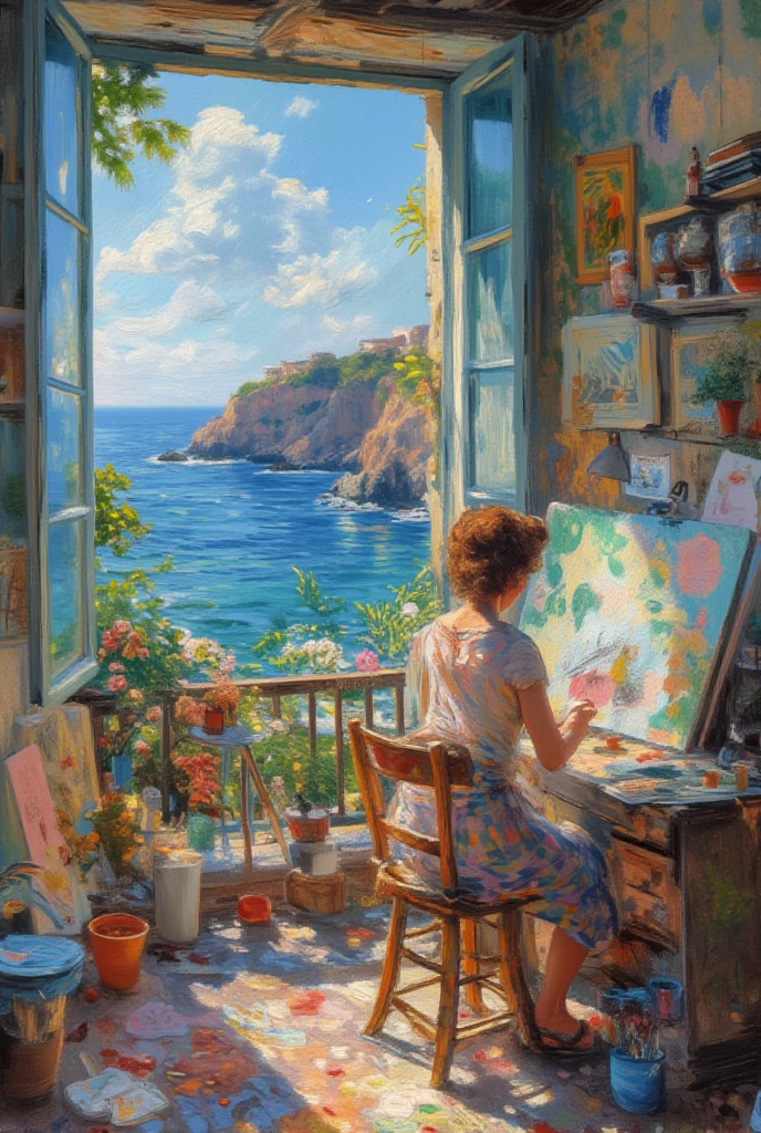 A whimsical cartoon of an artist sitting at his desk, surrounded by art supplies and sketches, with the Mediterranean Sea visible through large windows in background. The scene is filled with vibrant colors and playful details, capturing her joy as she creates artwork on canvas.