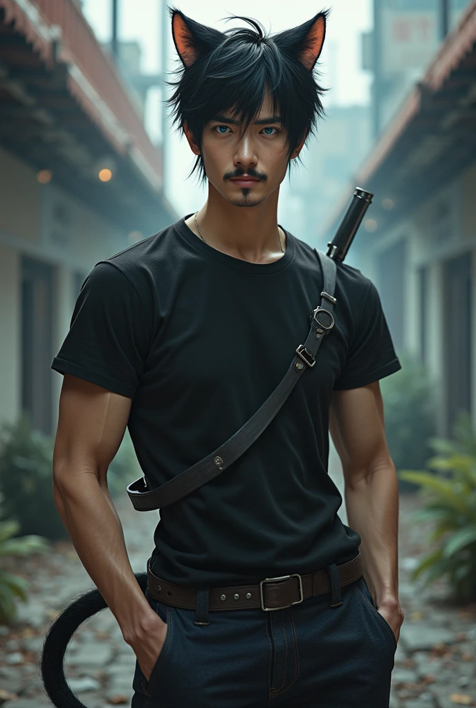 Realistic handsome asian muscle male, has short black hair, has Pencil Thin Mustache, has cat ears, has cat tail, body t-shirt, jeans trouser, playful, alone, has bright blue eyes, bring a sniper gun