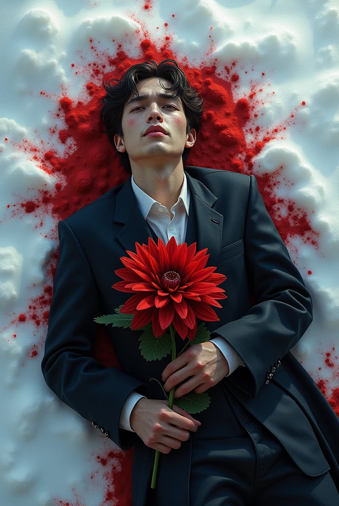 A guy with short hair and brown eyes, 27 tall, lies in bloody snow and holds a medium-sized bloody chrysanthemum