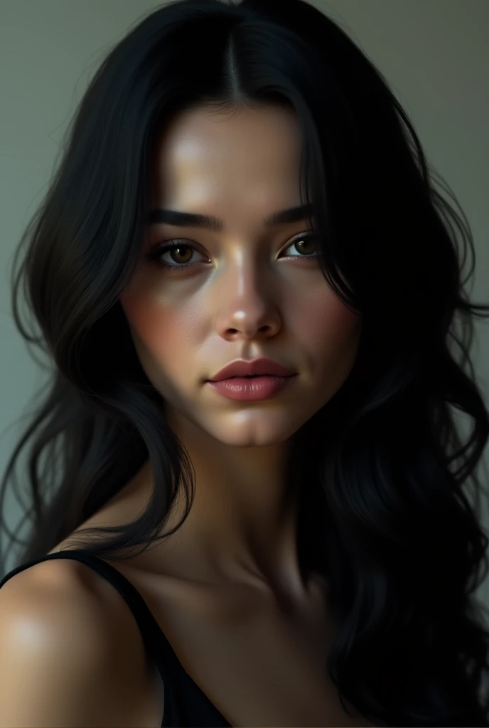 big breasted , OctaneRender 8K, Photorealism, realismo,     mouth shut, black hair, long hair, High resolution, Best Quality, 1 , simple background, sensual, de 4 pelada