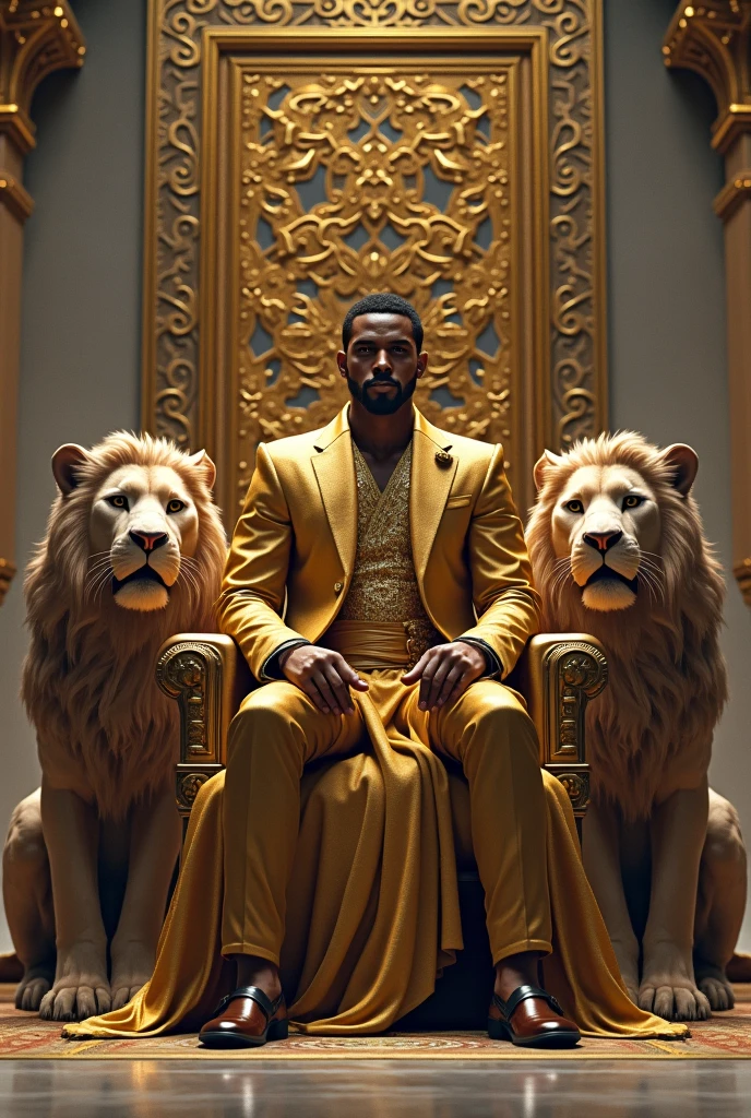 Beau man d'une trentaine d'année buvant un café, quite muscular, comme the king Osei Tutu, surrounded by 3 lion cubs, Tissu africain, the king Osei Tutu, royaume Ashanti, sitting on a throne